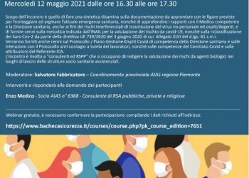 12/05/2021: Webinar gratuito: Ruolo del RSPP nel contesto delle RSA in esito alla gestione del rischio biologico da Sars-Cov-2 (Covid-19)