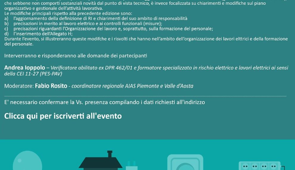 Webinar “La Nuova norma CEI 11-27 (V ED) sui lavori elettrici – Quali le novità introdotte ”