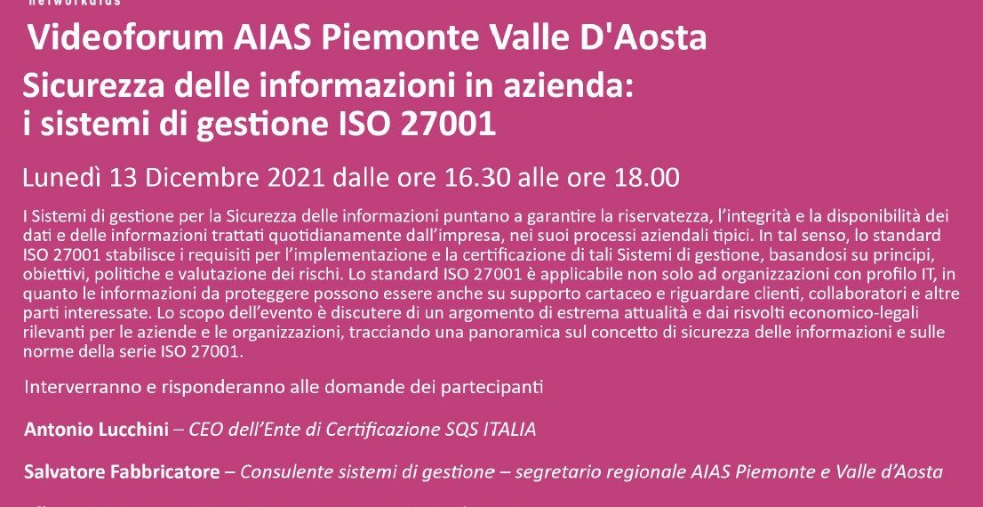 Disponibile la registrazione integrale del webinar “La sicurezza delle informazioni in azienda – i sistemi di gestione ISO 27001”
